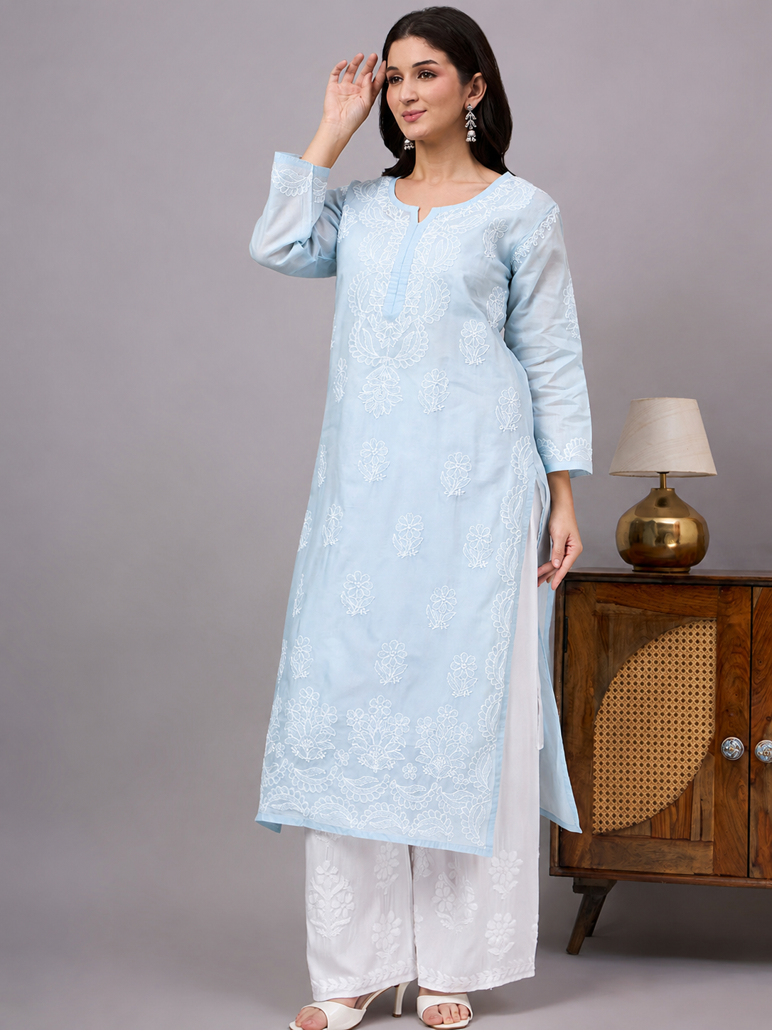 Traditional Cotton kurta with inner featuring artisan-crafted Chikankari embroidery, straight-cut design, and lightweight comfort for modern ethnic wardrobes.