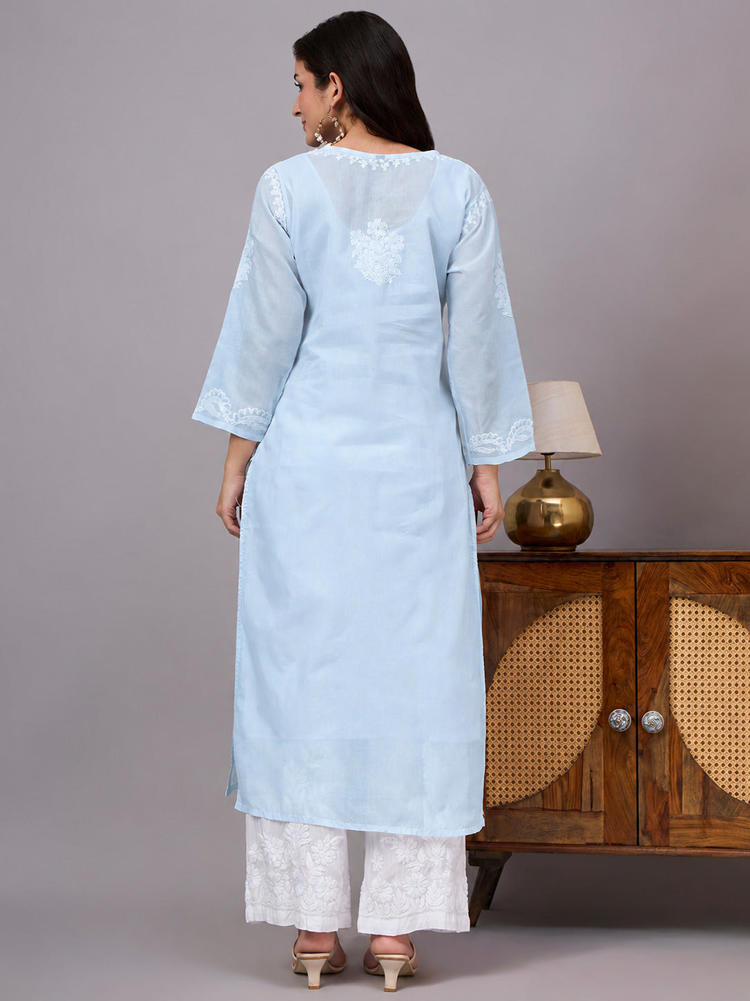 Women's Cotton kurta with inner crafted by skilled artisans using traditional Lucknow Chikankari embroidery, offering breathable comfort and sophisticated ethnic styling.