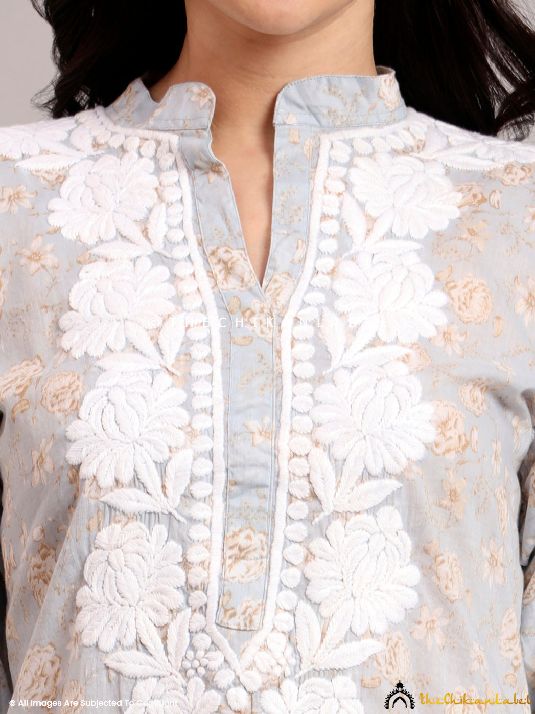 Mulmul printed short kurta featuring floral block print design and detailed Chikankari embroidery down the front placket