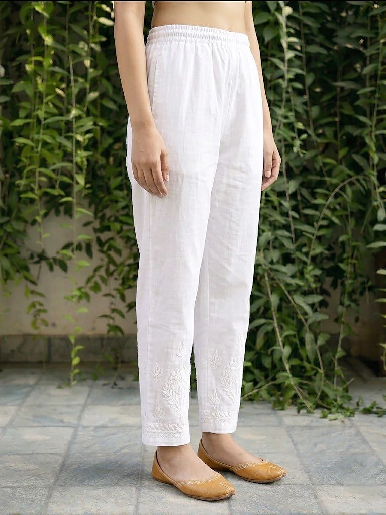 handcrafted chikankari pant for women in soft lycra fabric comfortable regular wear bottom