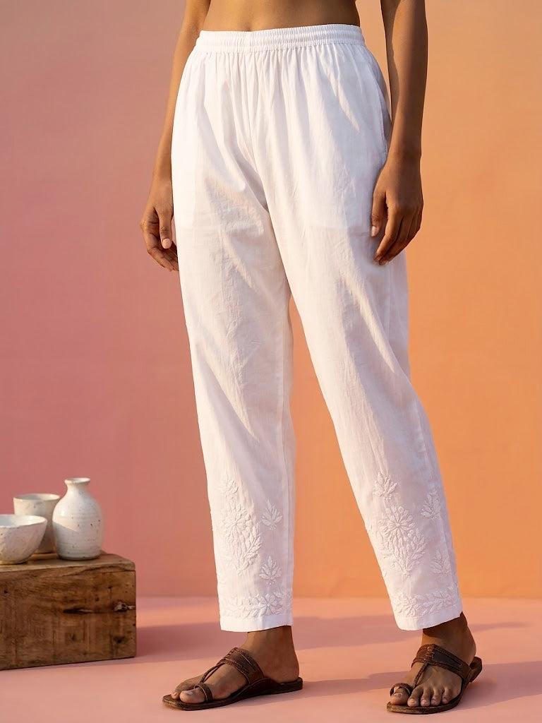 elegant chikankari embroidered pant for women straight fit stretchable fabric casual and office wear