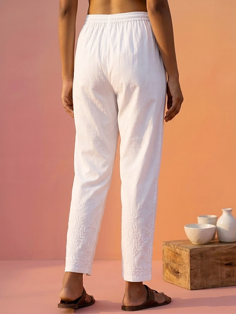 comfortable lycra chikankari pant for women straight cut bottom with elastic waistband