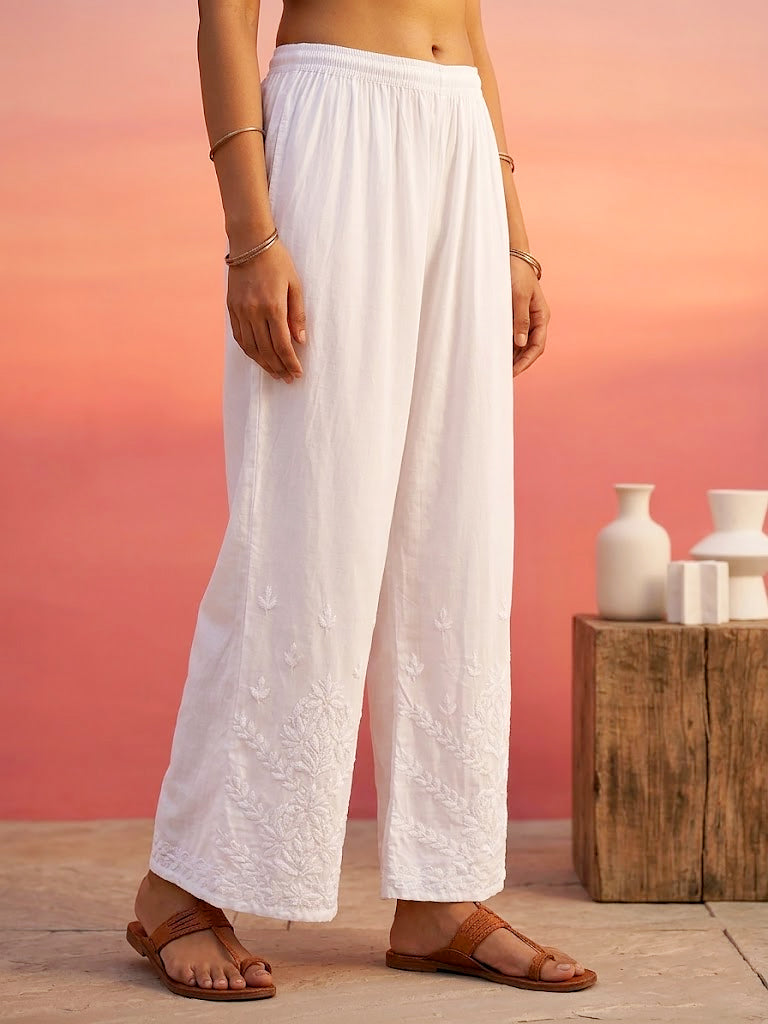 women’s straight palazzo pants with traditional chikankari work in soft rayon fabric for daily comfort