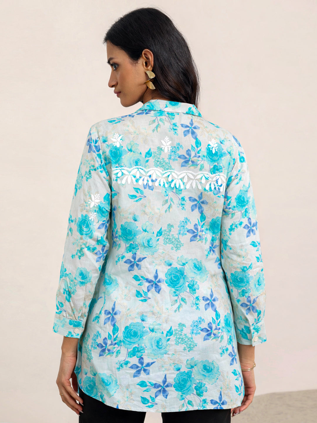 Ahana Mulmul Cotton Chikankari Shirt - Blue