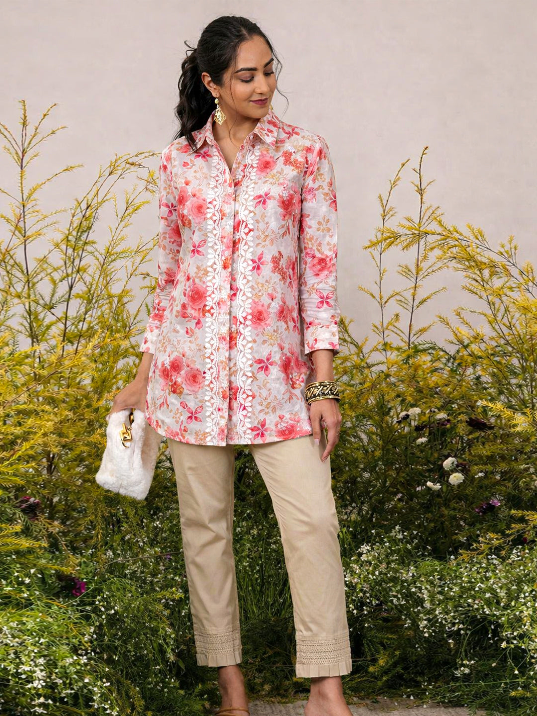 Ahana Mulmul Cotton Chikankari Shirt - Pink