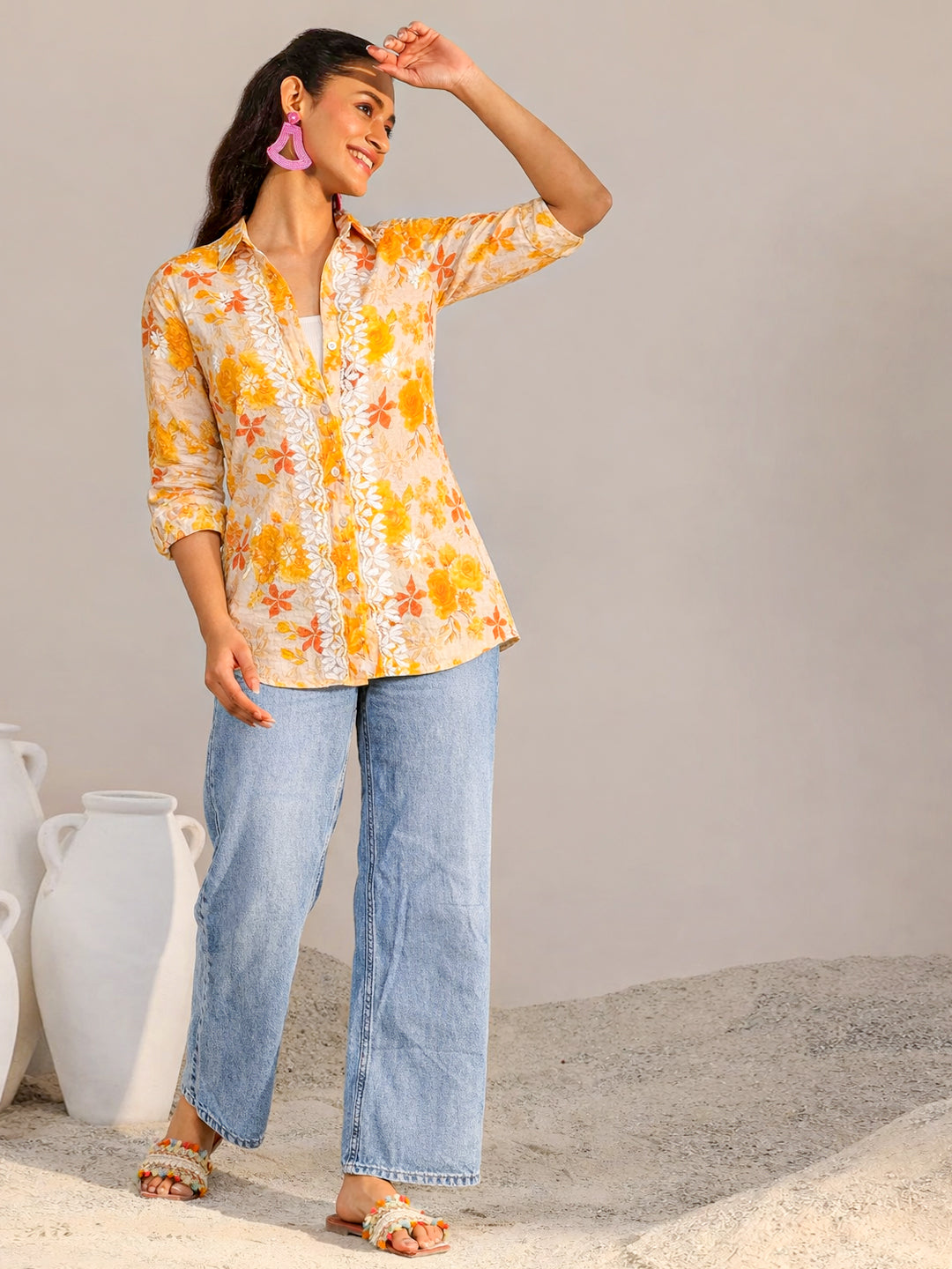 Ahana Mulmul Cotton Chikankari Shirt - Yellow