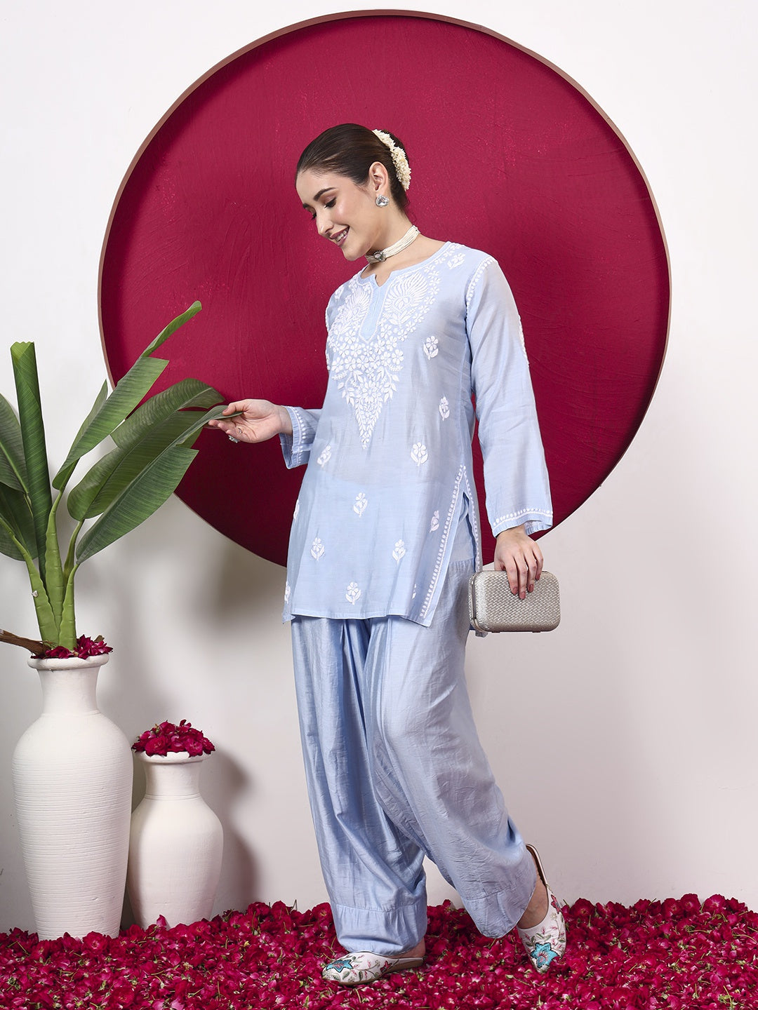 Alina Chanderi Chikankari Kurta Farshi Salwar Set - Blue