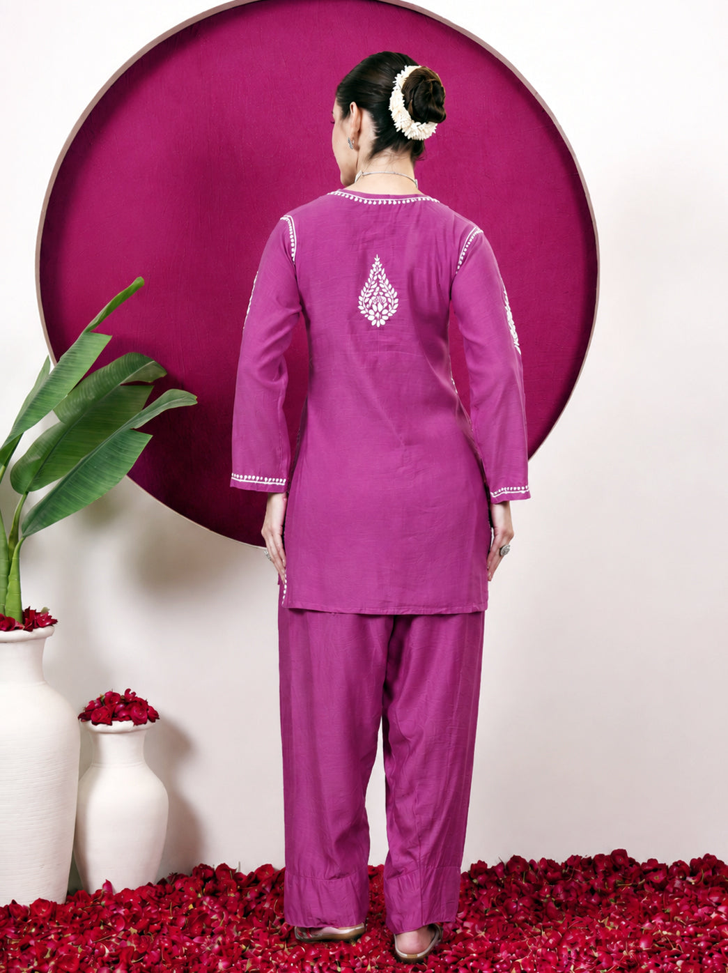 Alina Chanderi Chikankari Kurta Farshi Salwar Set - Hot Pink