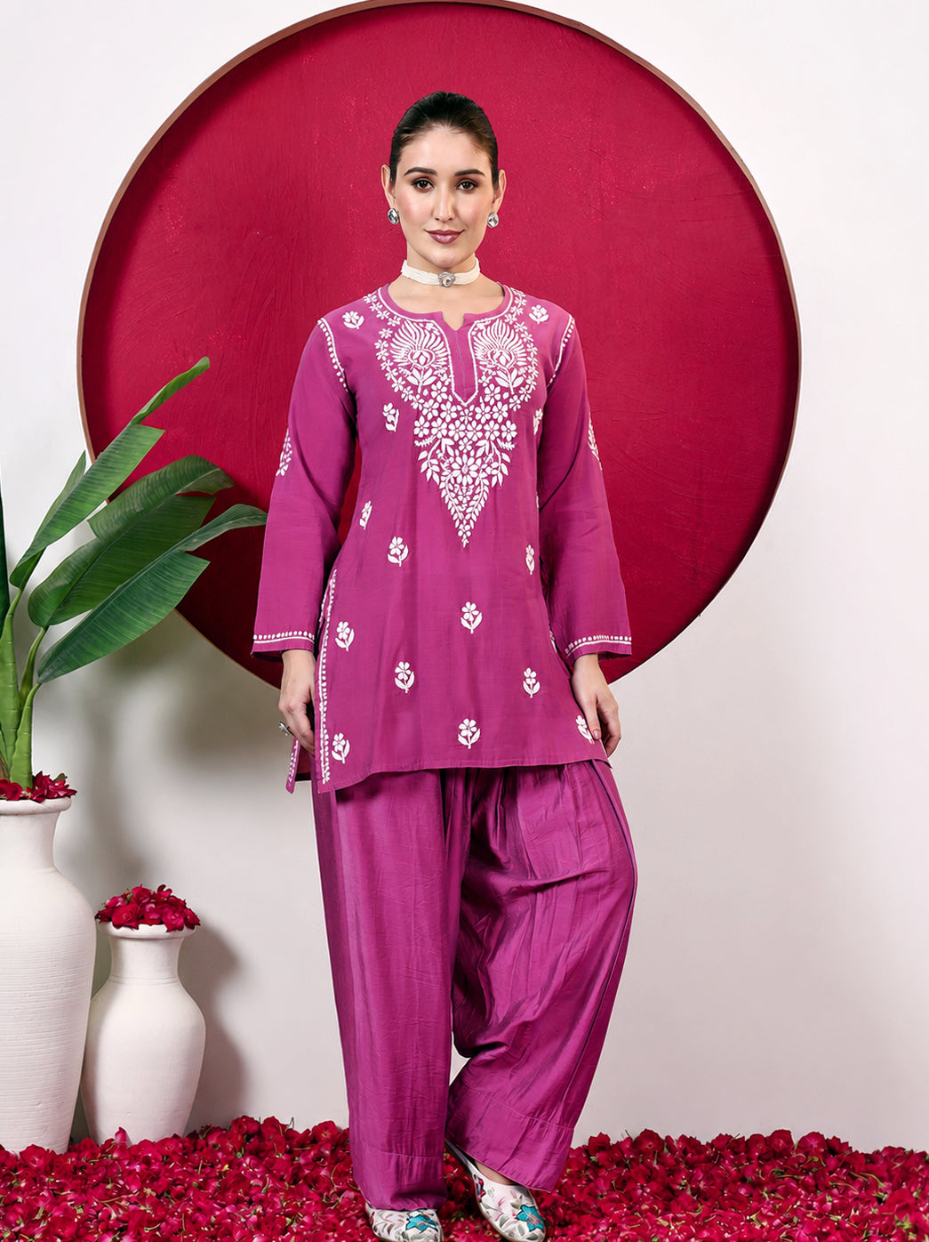 Alina Chanderi Chikankari Kurta Farshi Salwar Set - Hot Pink