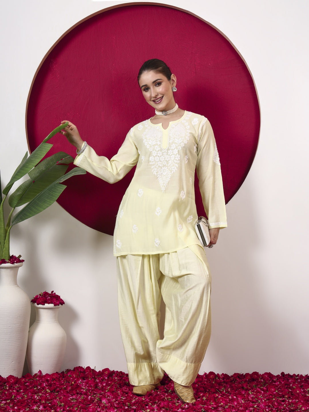 Alina Chanderi Chikankari Kurta Farshi Salwar Set - Lime Yellow