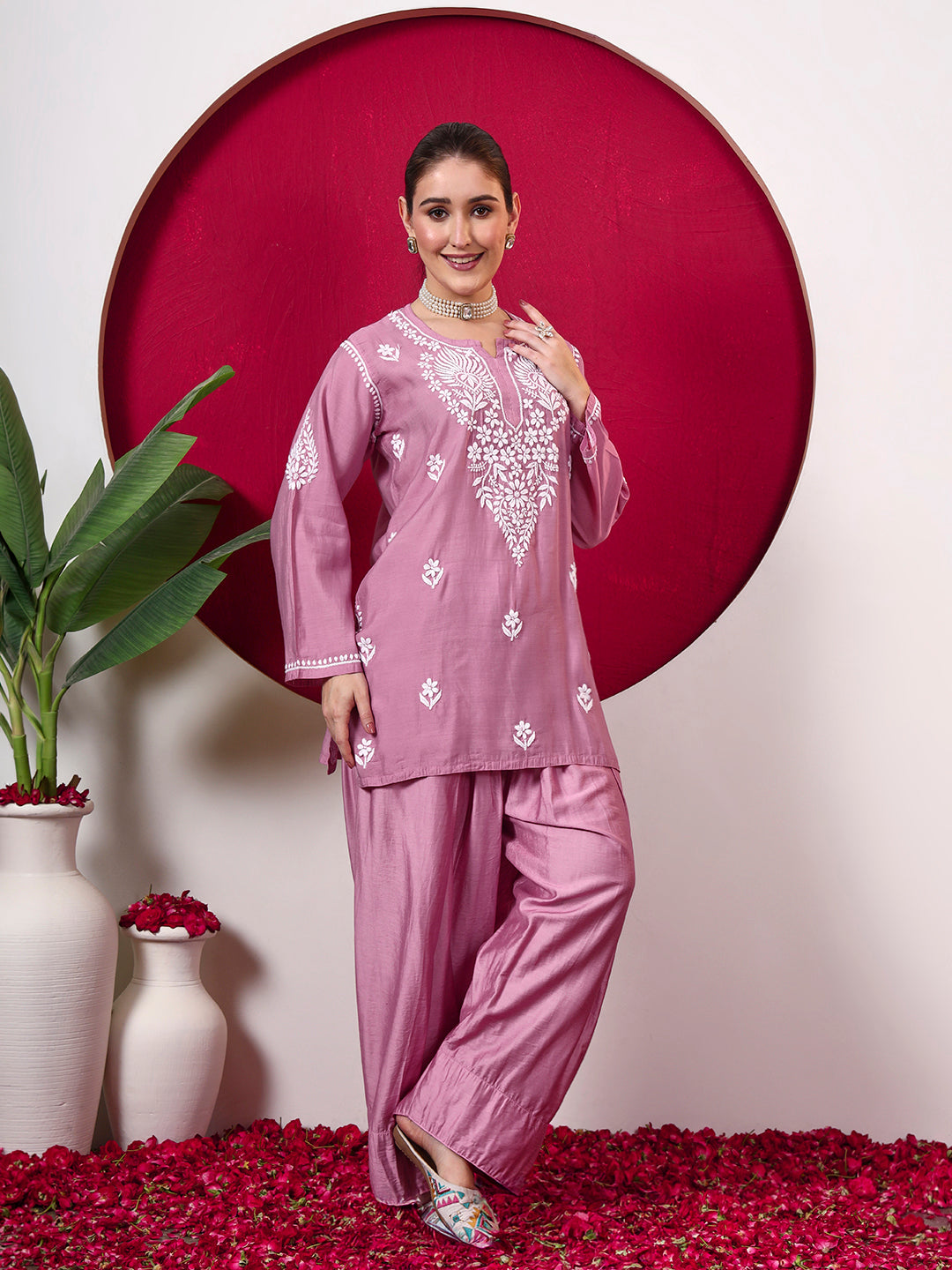 Alina Chanderi Chikankari Kurta Farshi Salwar Set - Mauve