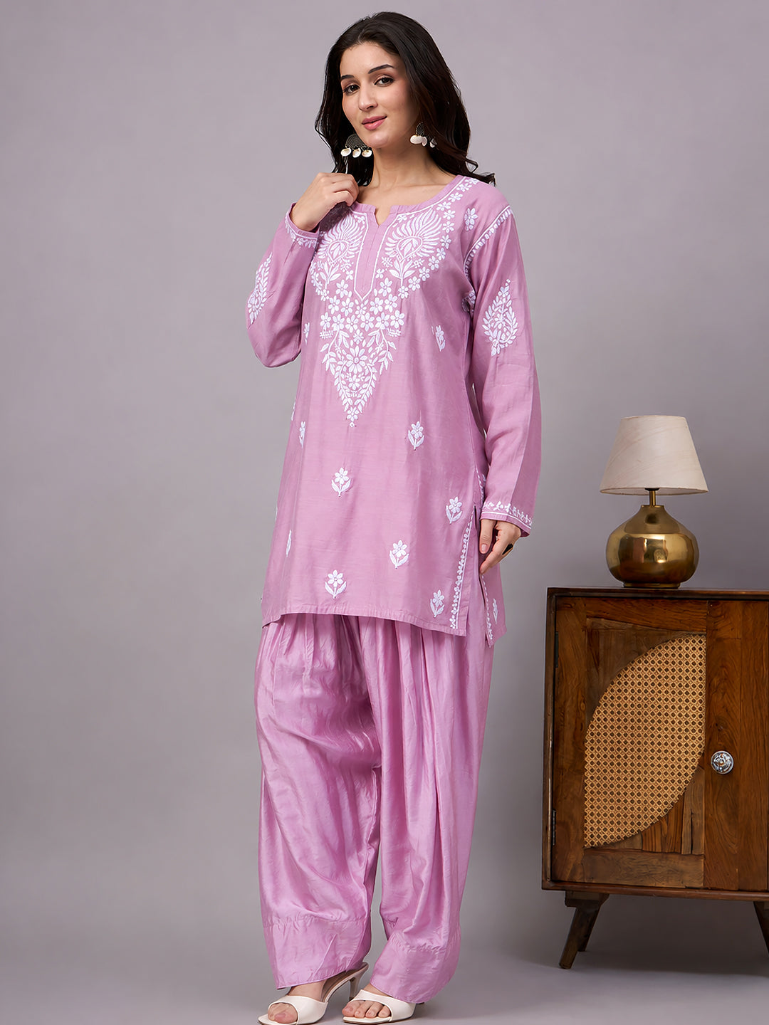 Alina Chanderi Farshi Set designed in lightweight Chanderi fabric with intricate embroidery and a comfortable silhouette suitable for regular wear and gatherings.
