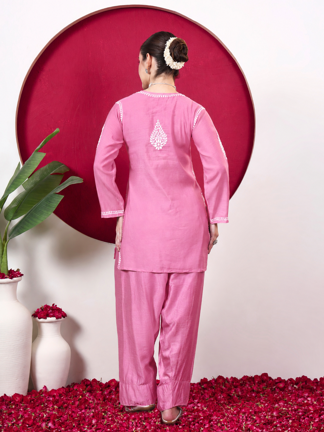 Alina Chanderi Chikankari Kurta Farshi Salwar Set - Pink