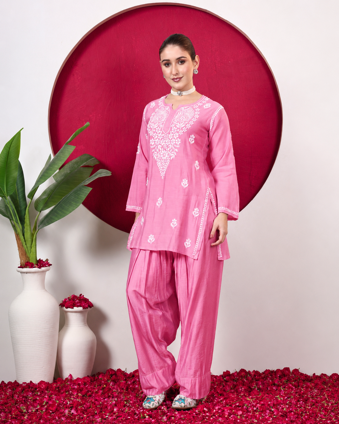 Alina Chanderi Chikankari Kurta Farshi Salwar Set - Pink