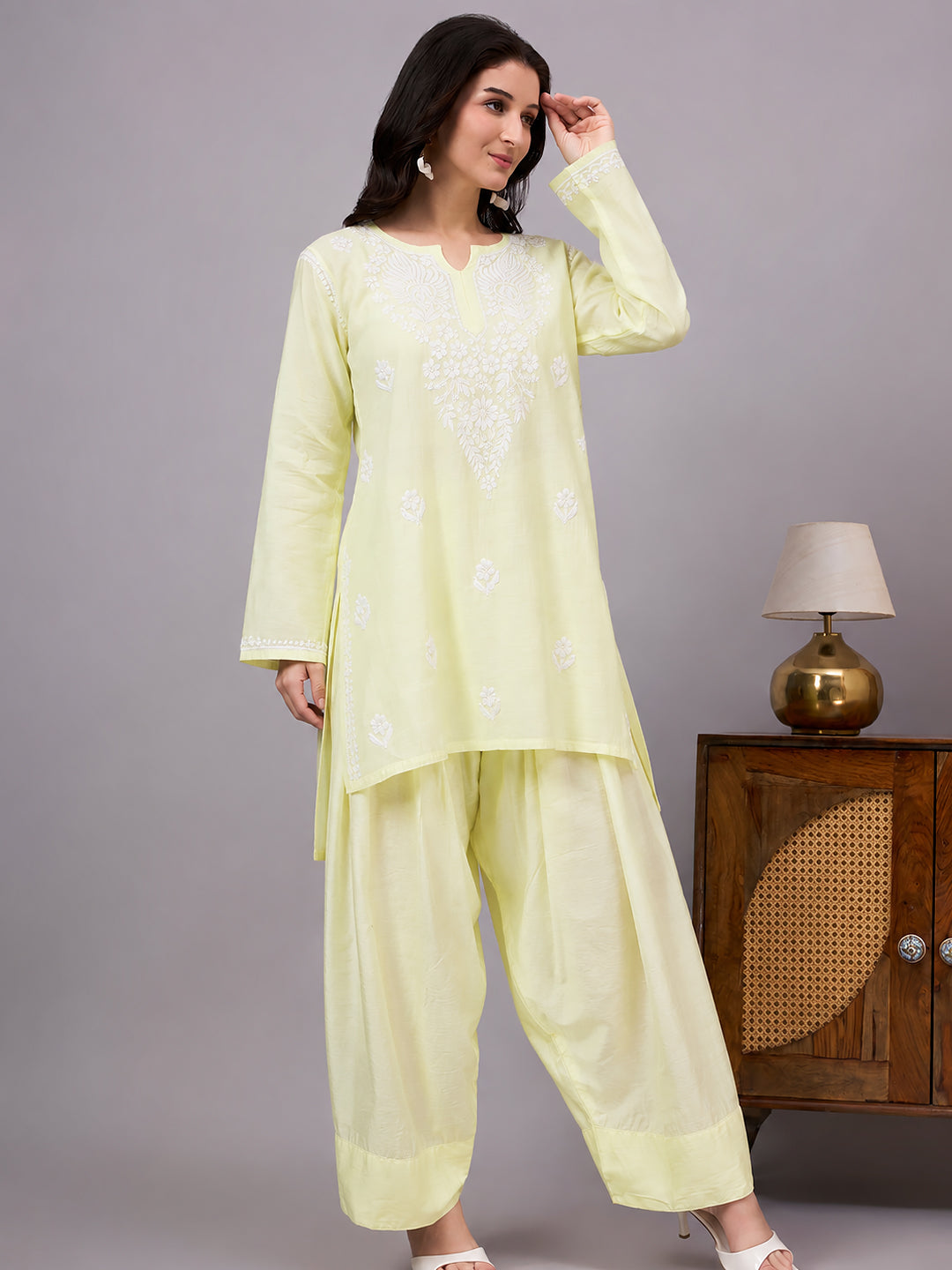 Comfortable Alina Chanderi Farshi Set designed for women seeking a trending ethnic outfit with delicate Chikankari work and a relaxed farshi silhouette.