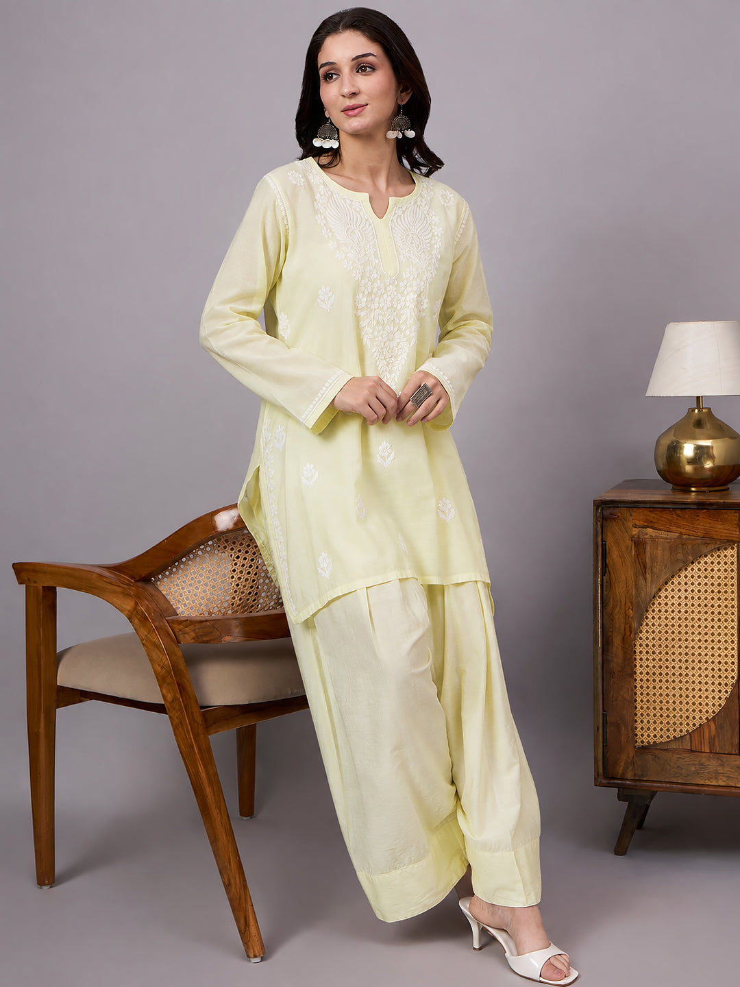 Women’s Chikankari farshi set featuring intricate handcrafted-style embroidery and a comfortable Chanderi kurta with statement farshi bottoms for versatile styling.