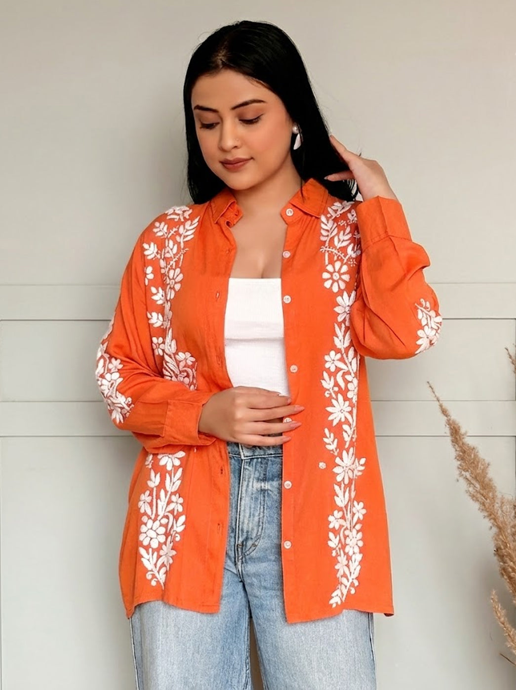 Anvika Rayon Chikankari Shirt - Orange
