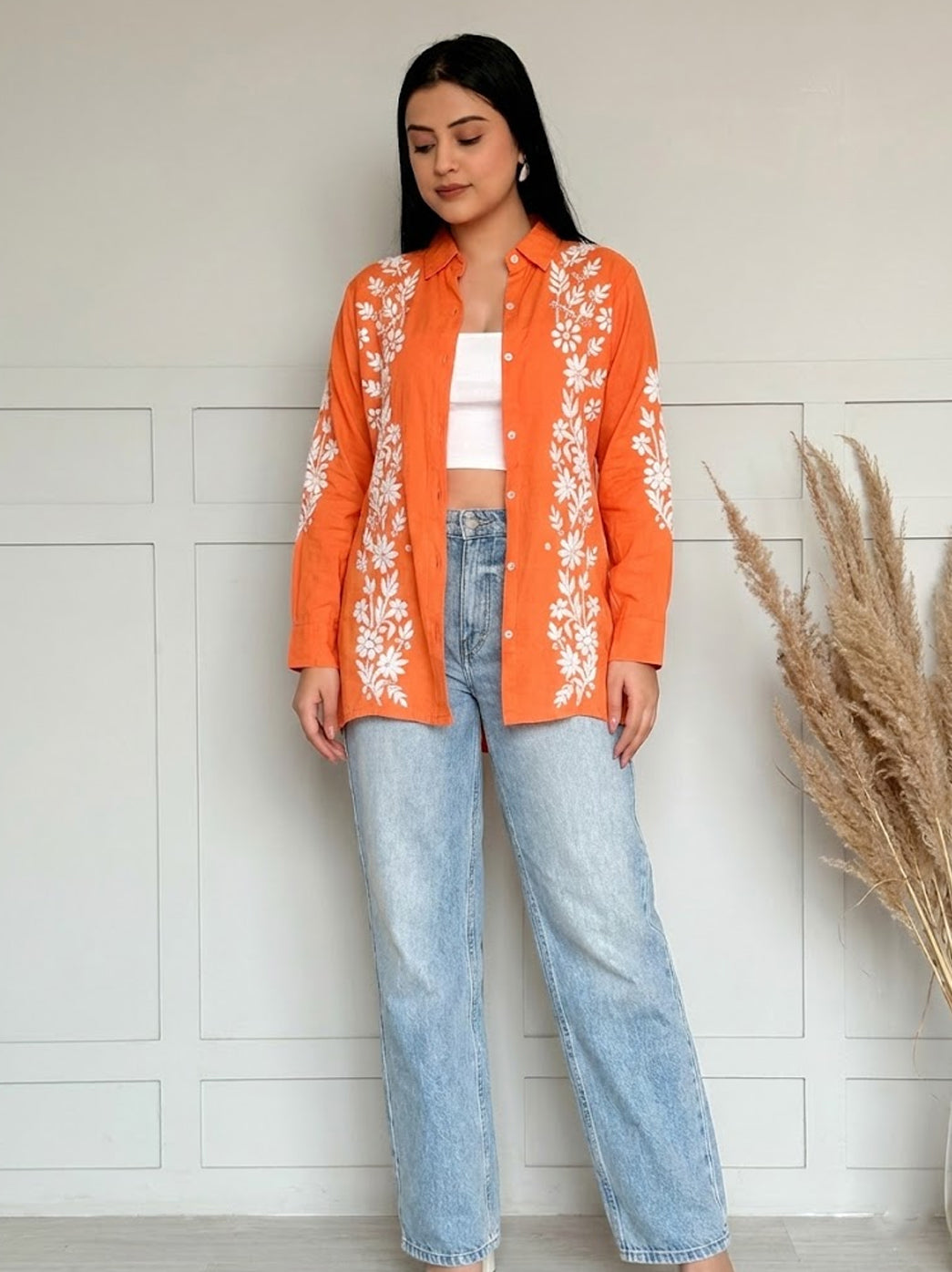 Anvika Rayon Chikankari Shirt - Orange