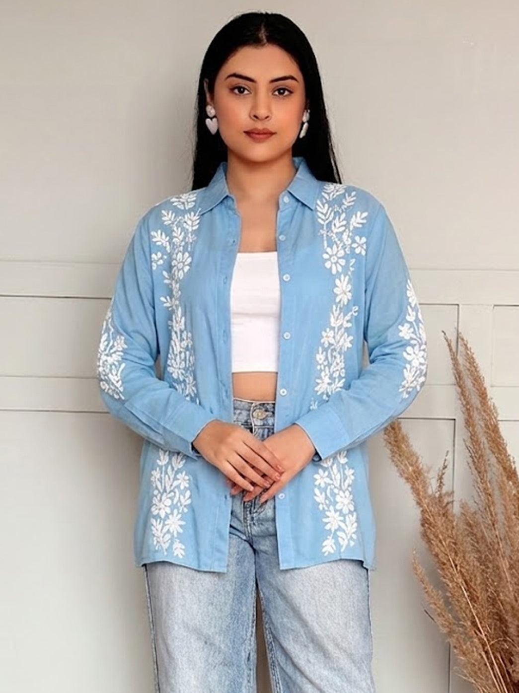 Anvika Rayon Chikankari Shirt - Powder Blue