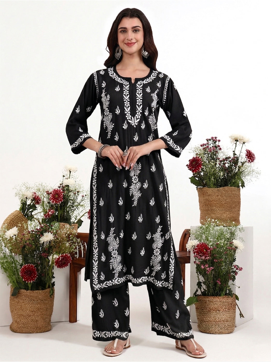 Trending chikankari kurta set with elegant embroidery detailing and relaxed fit palazzo