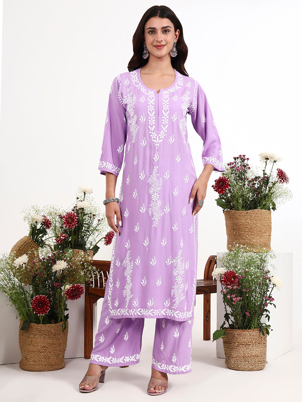 Trending kurta set featuring rayon chikankari kurti with matching palazzo for daily wear
