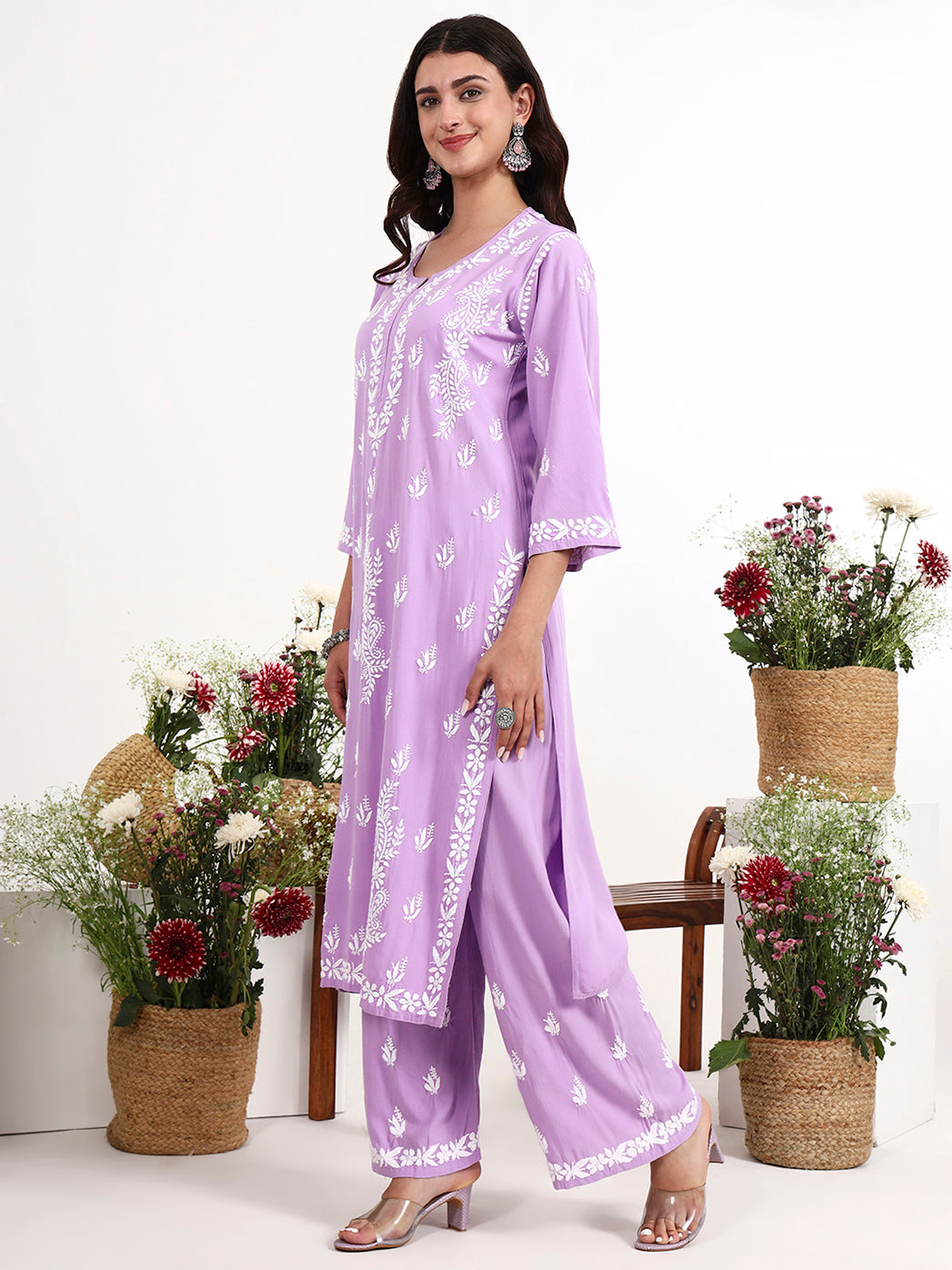 Traditional chikankari embroidery kurta set with straight fit silhouette for women