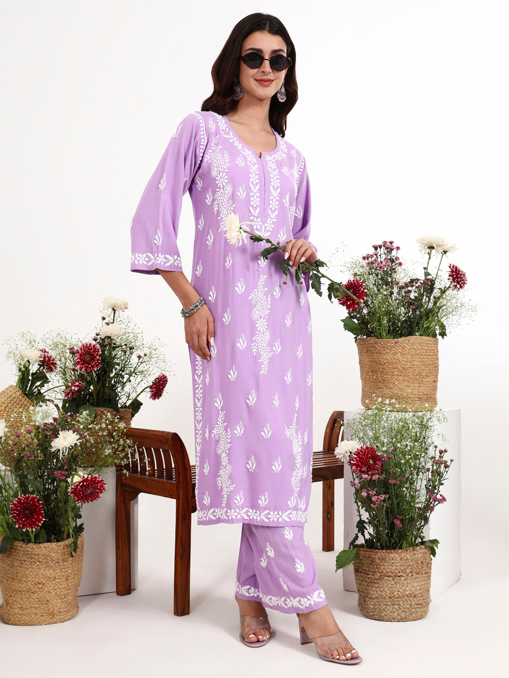 Stylish rayon chikankari kurti paired with coordinated palazzo for everyday ethnic fashion