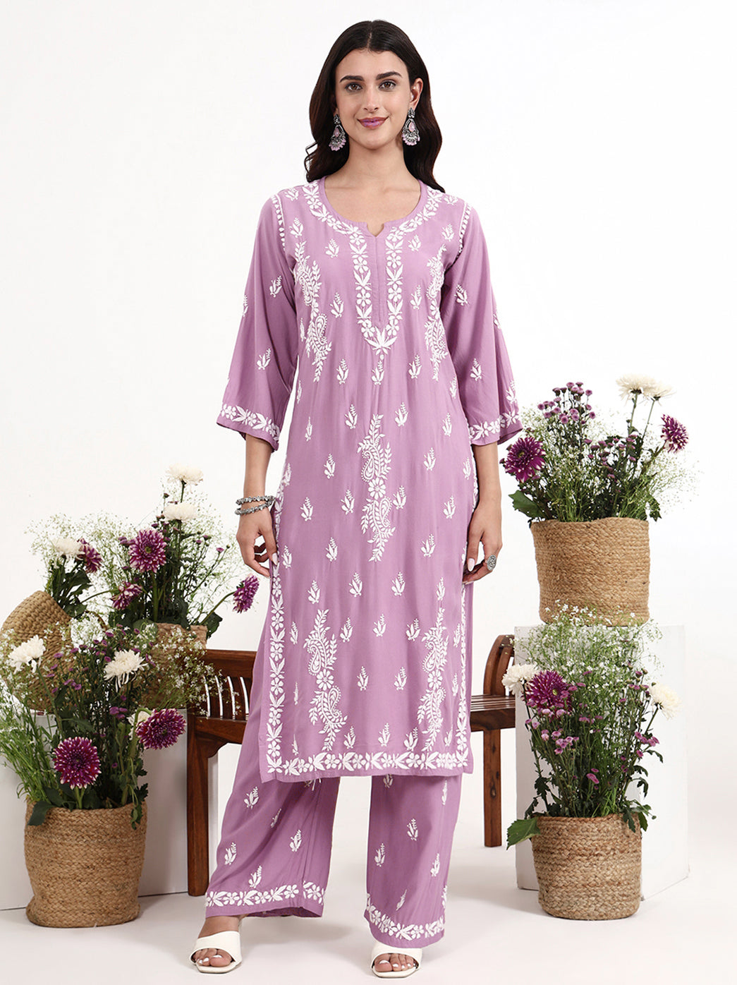 Comfortable all day wear set with chikankari embroidery kurti and straight palazzo pants