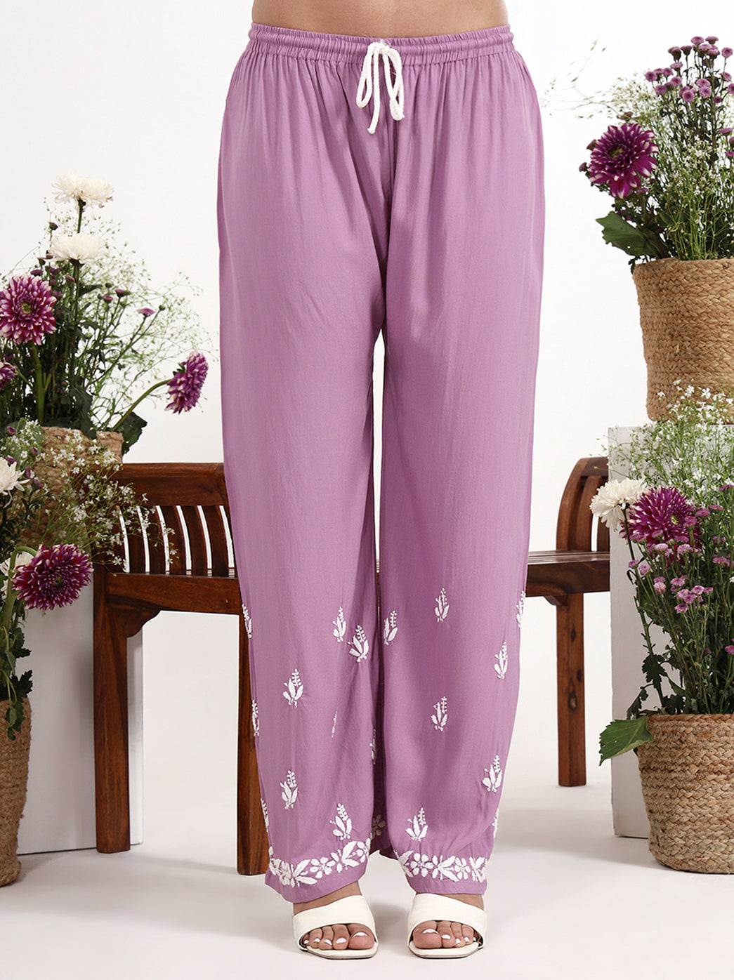 Stylish rayon chikankari kurti paired with coordinated palazzo for everyday ethnic fashion