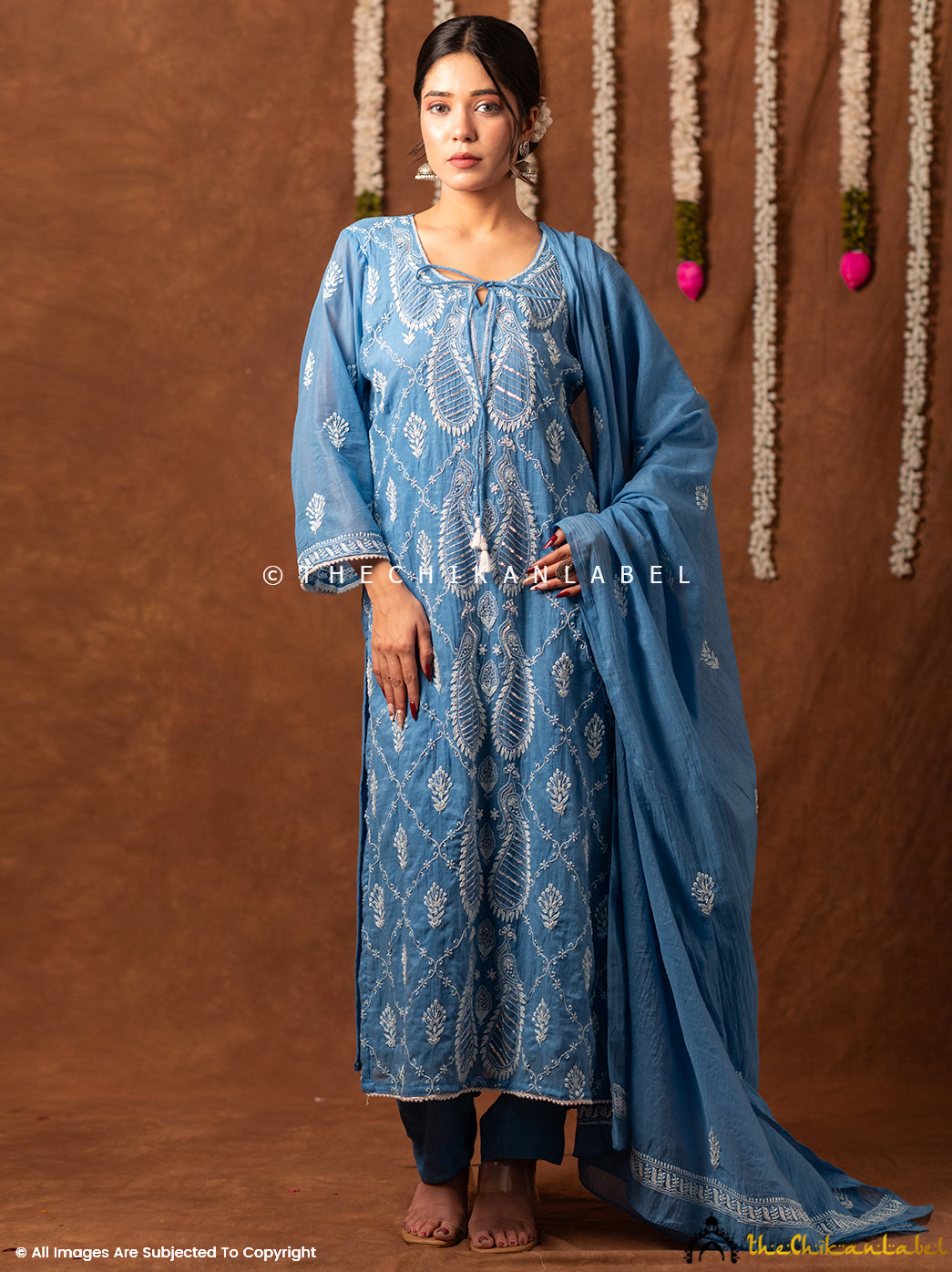 Arzoo Mul Chanderi Chikankari Kurta Set with Dupatta - Blue