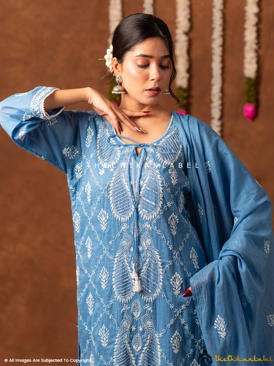 Arzoo Mul Chanderi Chikankari Kurta Set with Dupatta - Blue