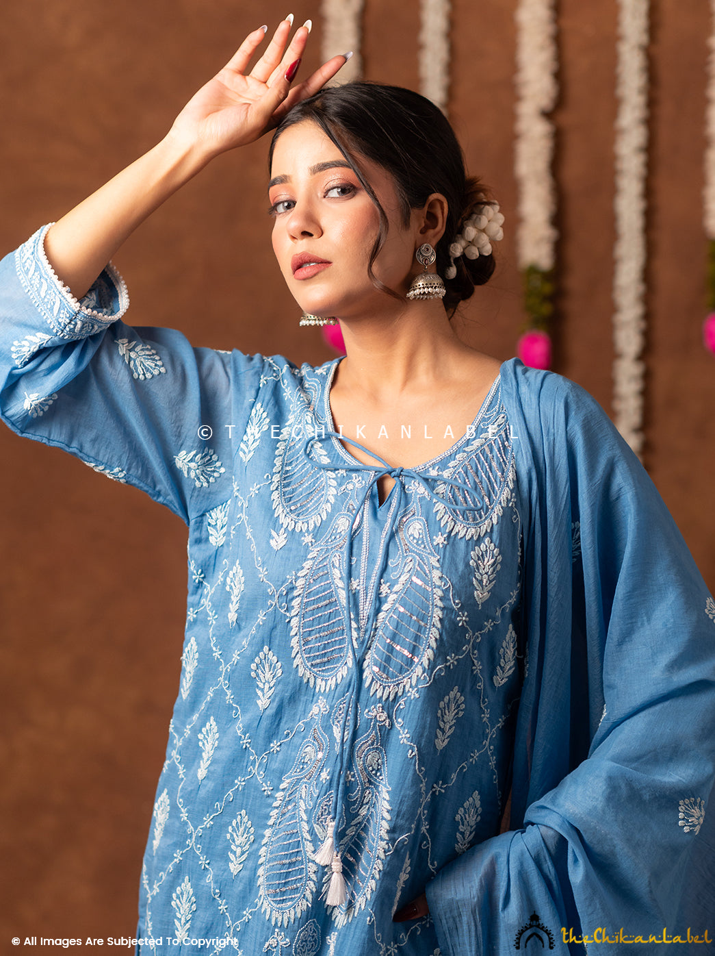 Arzoo Mul Chanderi Chikankari Kurta Set with Dupatta - Blue
