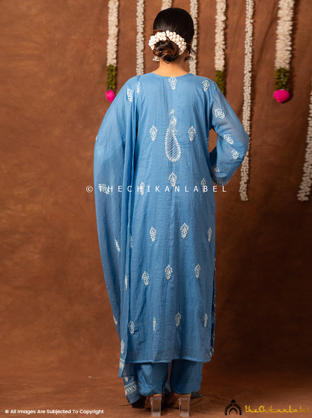 Arzoo Mul Chanderi Chikankari Kurta Set with Dupatta - Blue