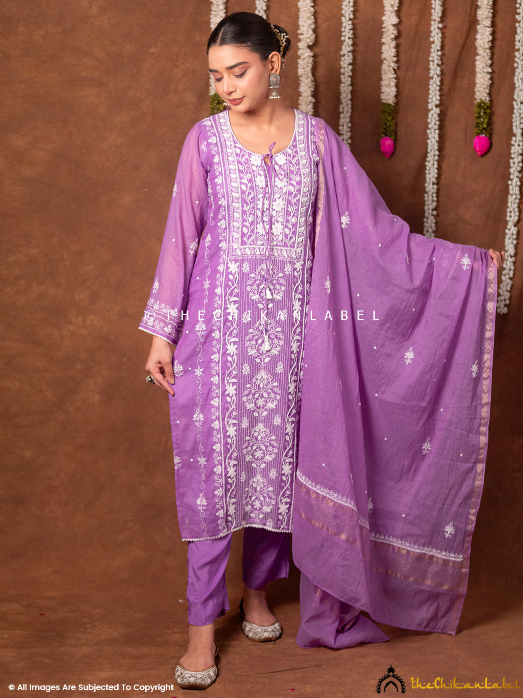 Arzoo Mul Chanderi Chikankari Kurta Set with Dupatta - Lilac