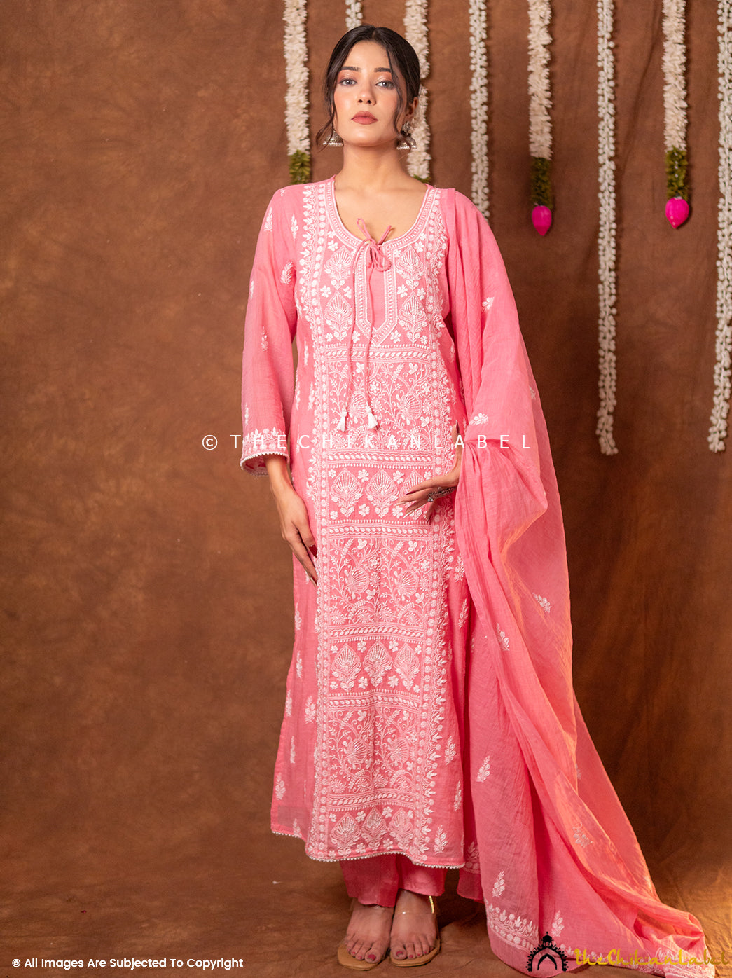 Arzoo Mul Chanderi Chikankari Kurta Set with Dupatta - Peach