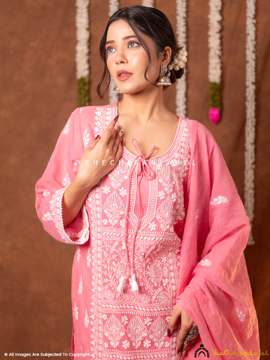 Arzoo Mul Chanderi Chikankari Kurta Set with Dupatta - Peach
