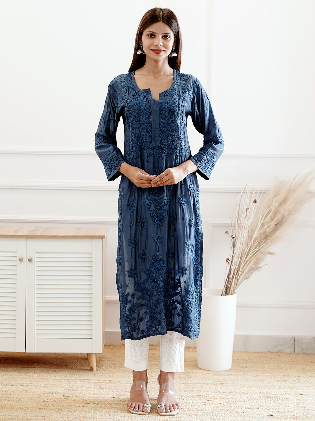 Arzu Upada Silk Chikankari Straight Kurti - Blue