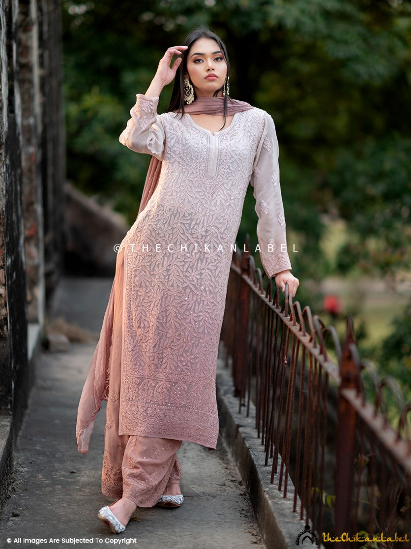 Luxury chikankari viscose set designed for comfort and elegance, paired with sheer dupatta and handcrafted embellishments.