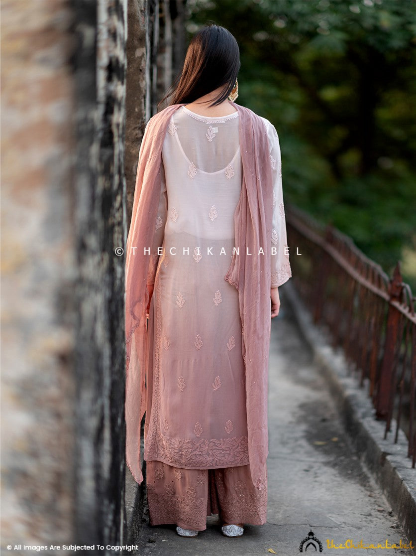 Festive-ready viscose kurti palazzo set with chikankari and mukaish highlights, perfect for daytime functions.