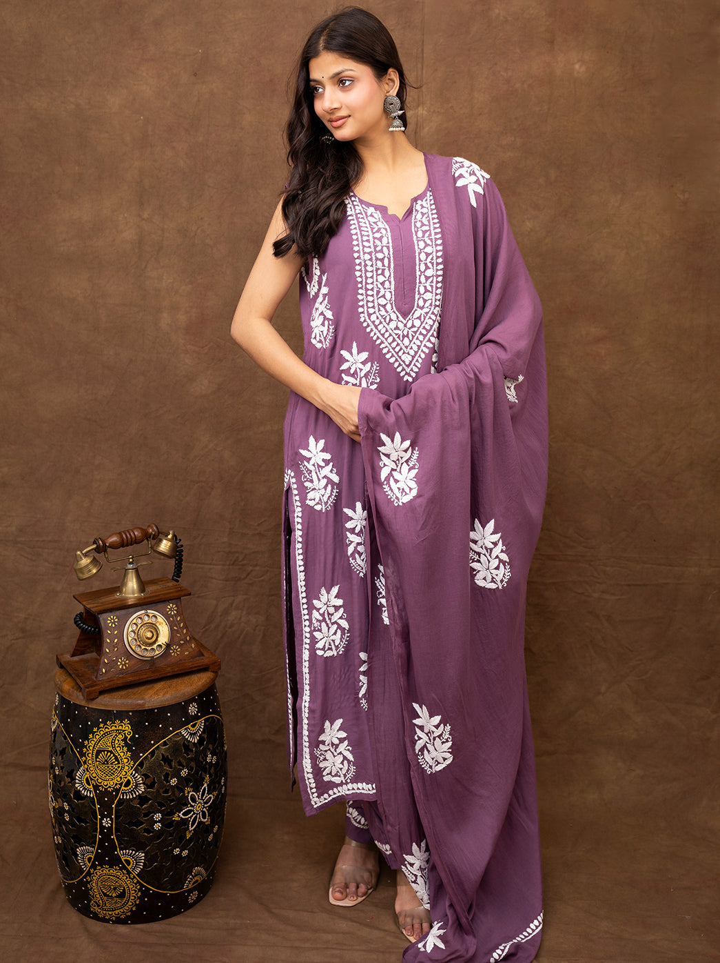 Handcrafted chikankari kurta and pant set with elegant embroidery detailing, sleeveless kurta design, and matching dupatta for festive wear