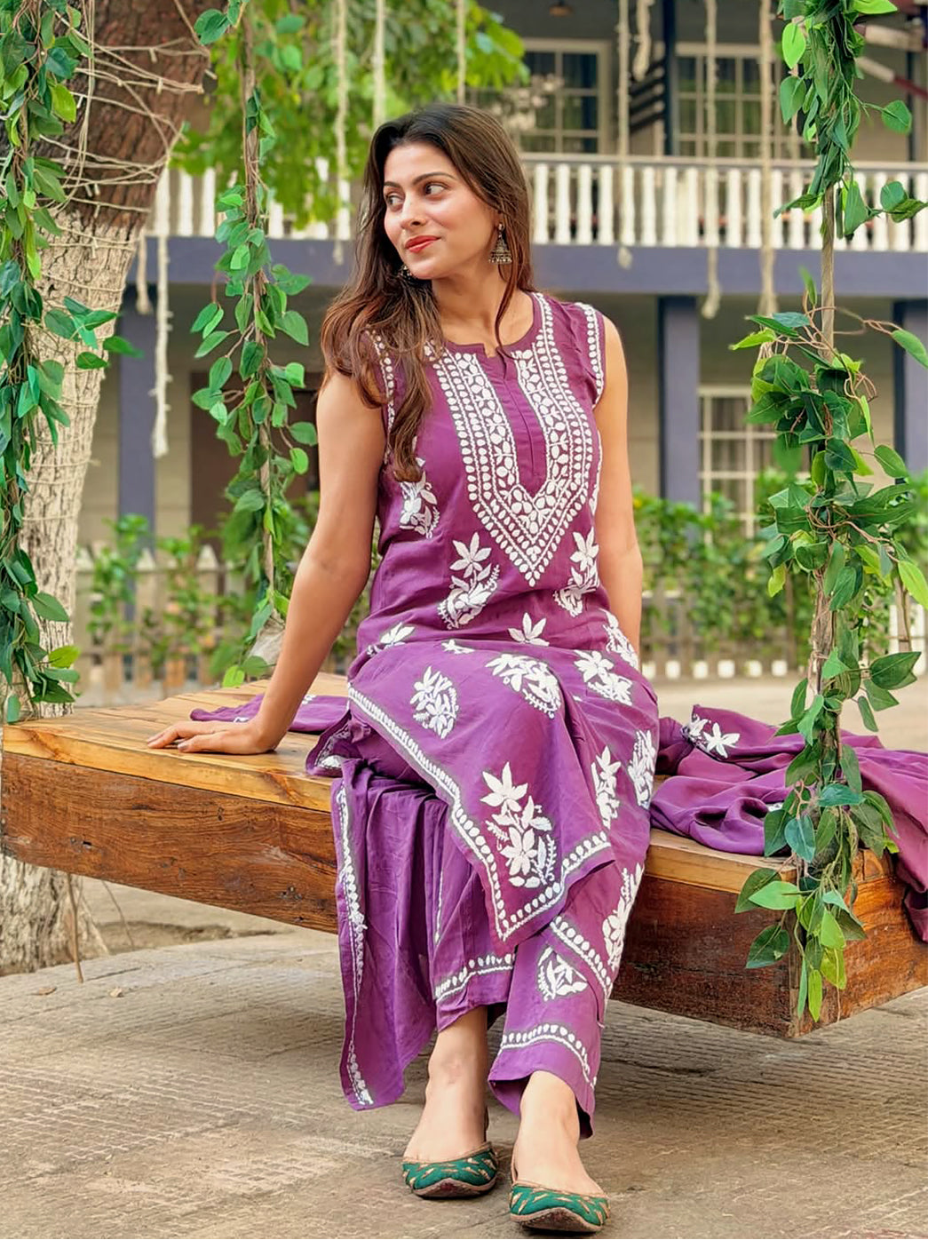 Ashvi Modal Chikankari Sleeveless Kurta Set with Dupatta - Mauve