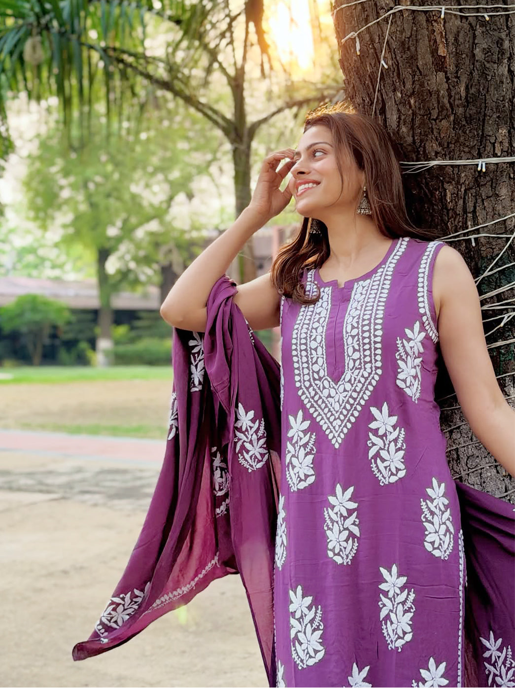 Ashvi Modal Chikankari Sleeveless Kurta Set with Dupatta - Mauve