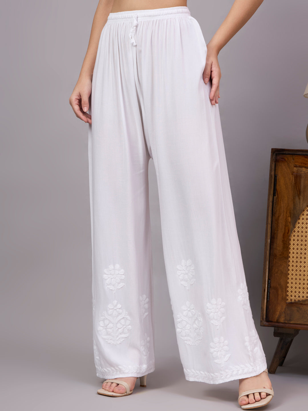 Handmade Lucknowi Chikankari Palazzo with premium rayon fabric and graceful embroidery detailing for modern ethnic fashion