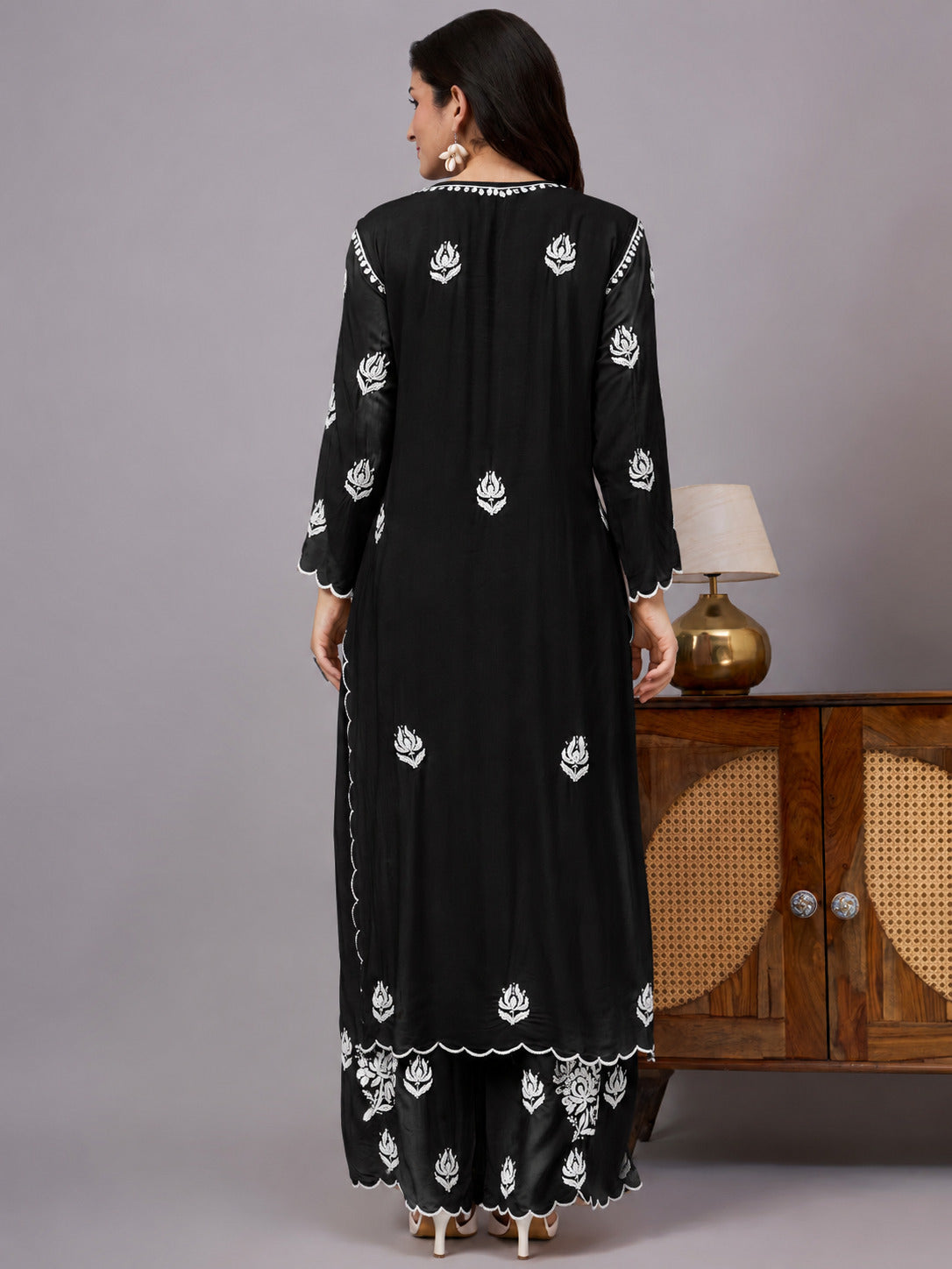 Najat Modal Chikankari Kurti Palazzo Set - Black