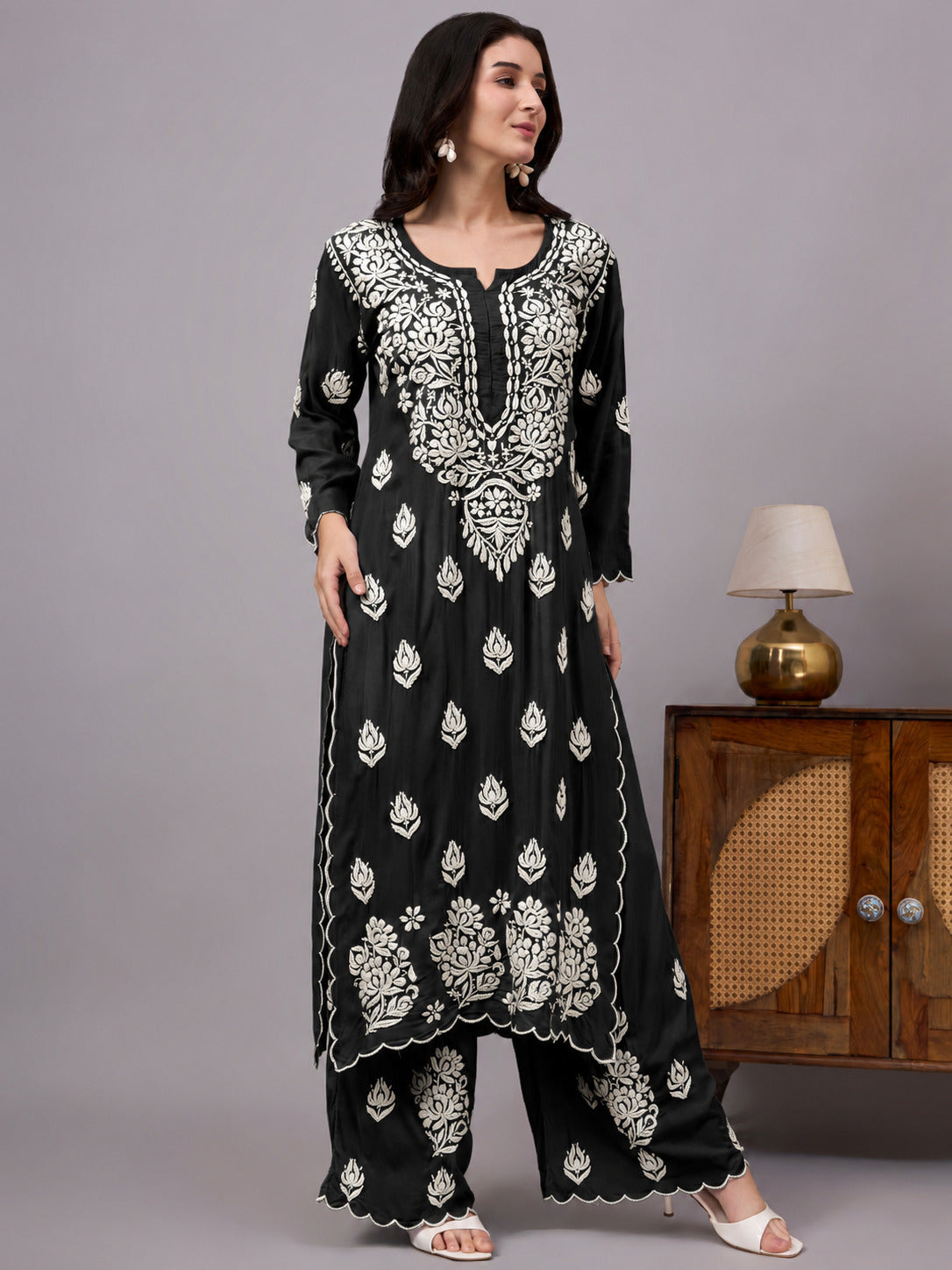 Najat Modal Chikankari Kurti Palazzo Set - Black