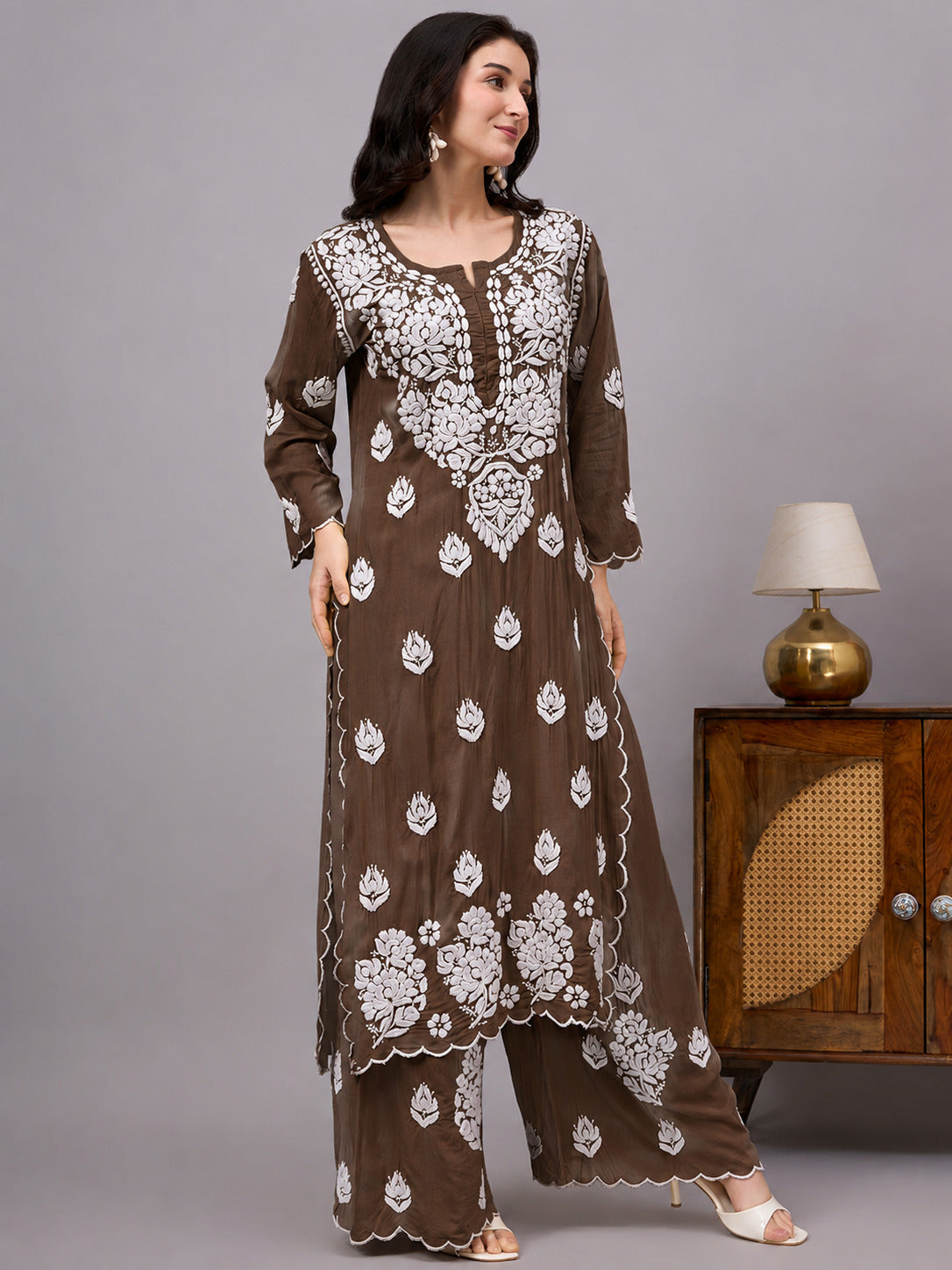 Najat Modal Chikankari Kurti Palazzo Set - Brown