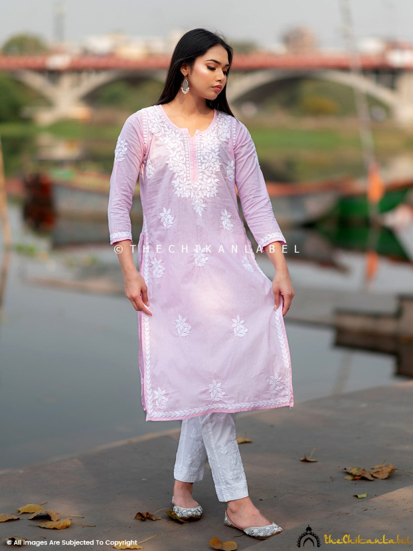 Embroidered pink Chikankari kurta for women in ethnic style