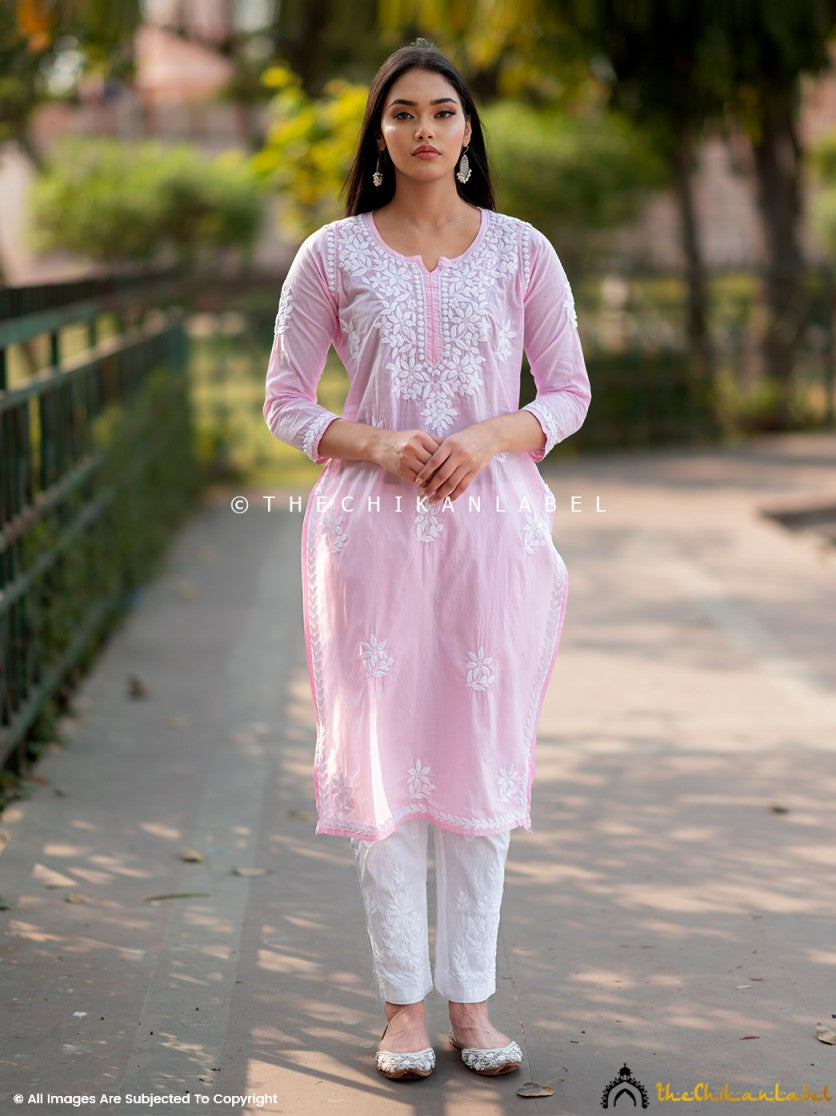 Front view of pastel pink straight kurti with hand embroidery