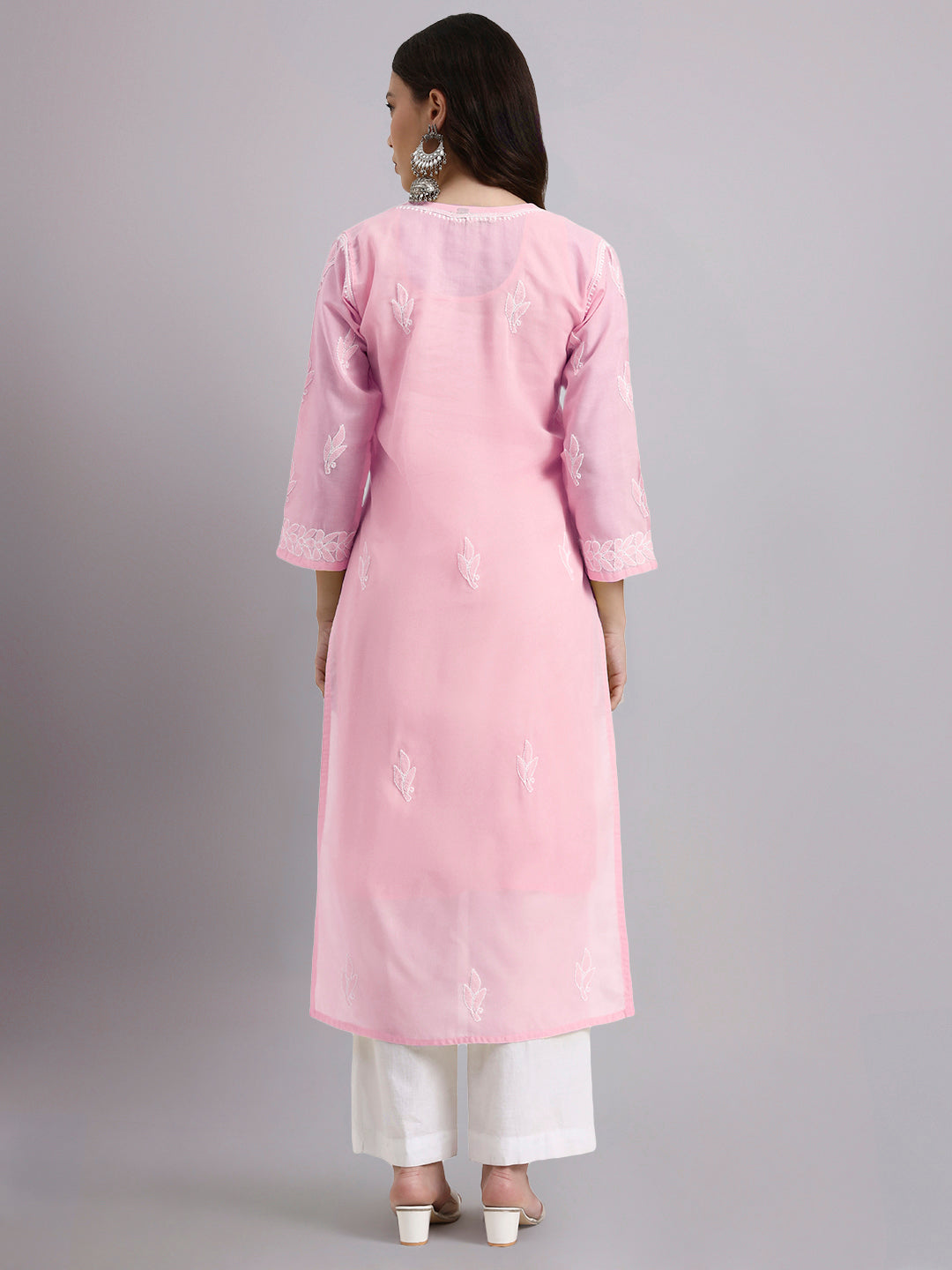 Straight fit Chikankari cotton kurti paired with pants showcasing minimal and elegant ethnic wear for women