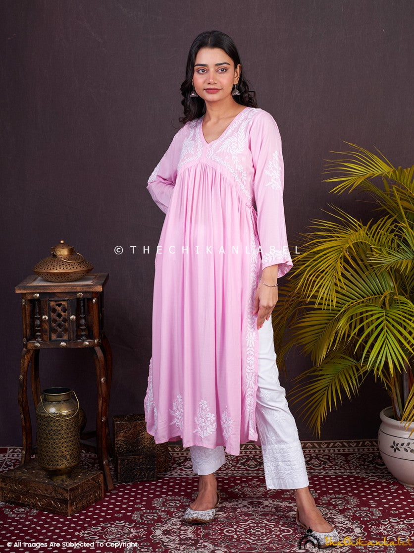 "Front view of pink Anarkali kurta with intricate hand embroidery"